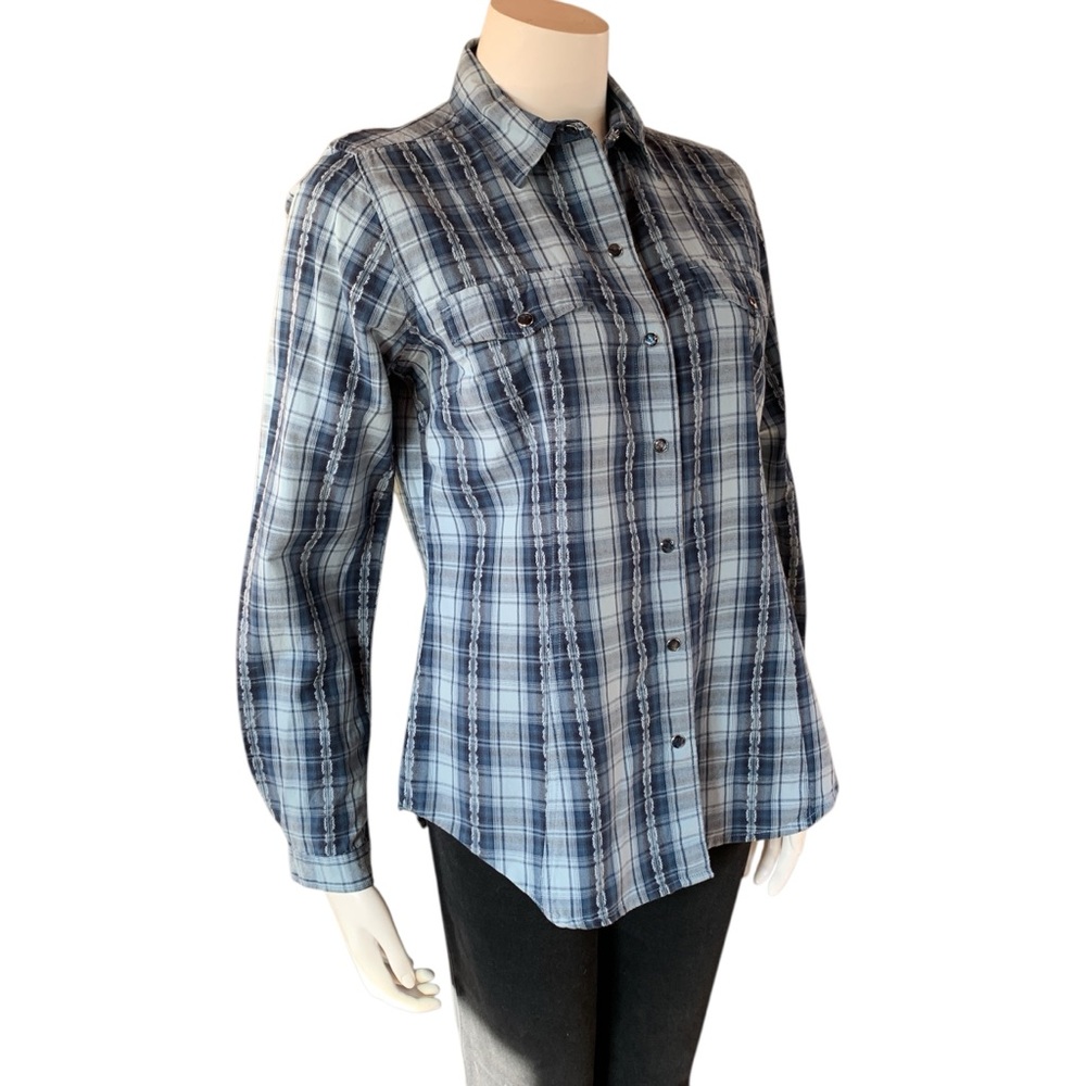 Vintage Woolrich Pearl Snap Shirt – Blue/Cream Plaid – ~20” P2P